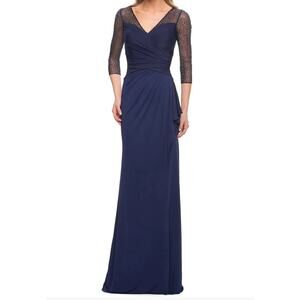 La Femme Beaded Lace Sleeve Pleated Ruched navy blue full length gown size 16